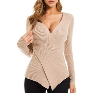 Qualfort Beige Tan Sexy V Neck Faux Wrap Knit Sweater New Small Slim Pullover